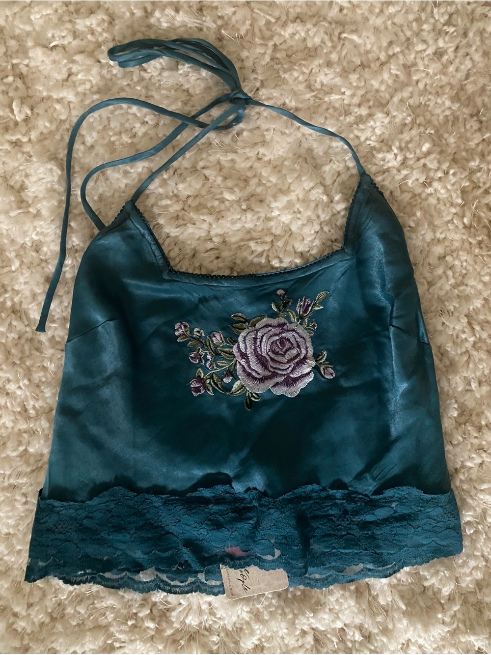 Free People Teal Satin Floral Embroidered Halter Top